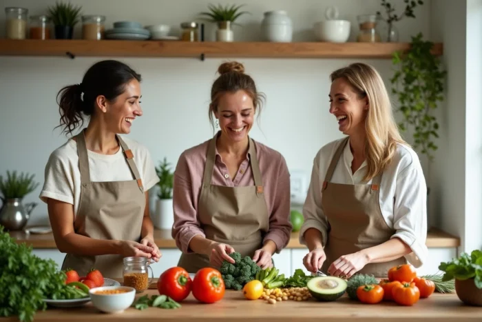Groupe de femmes préparant des aliments sains et des superaliments dans une cuisine nordique lumineuse