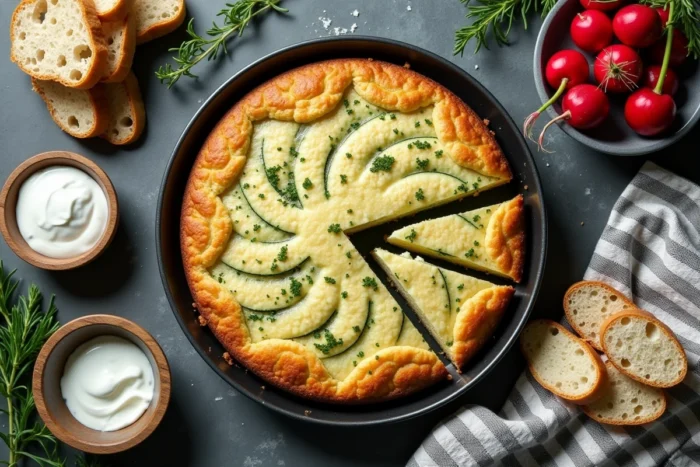 Vue de dessus d'un cake aux courgettes et chèvre entier entouré de ses accompagnements : tzatziki, radis, pain au levain et thym frais sur une surface en ardoise