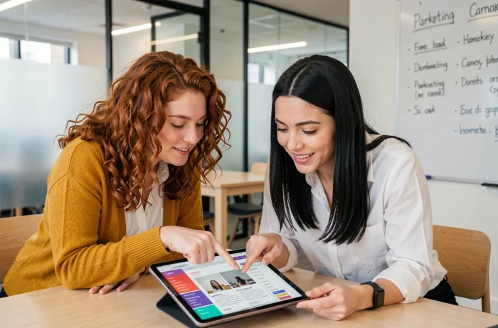 Deux femmes collaborant sur une newsletter Canva dans un bureau moderne lors d'une session de formation CPF