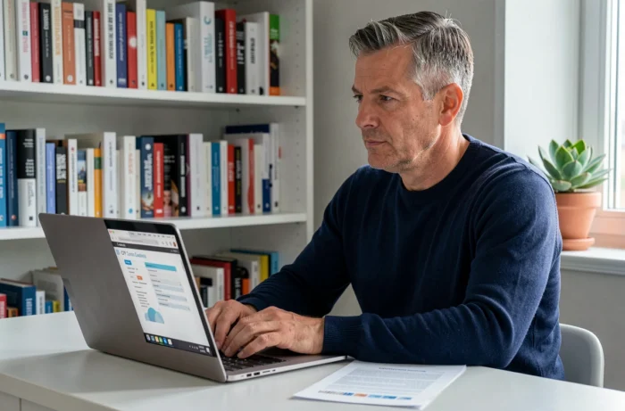 Homme suivant une formation Canva en ligne éligible au CPF depuis son bureau à domicile