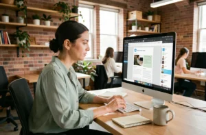 Femme utilisant Canva sur ordinateur pour créer une newsletter dans un espace de coworking moderne