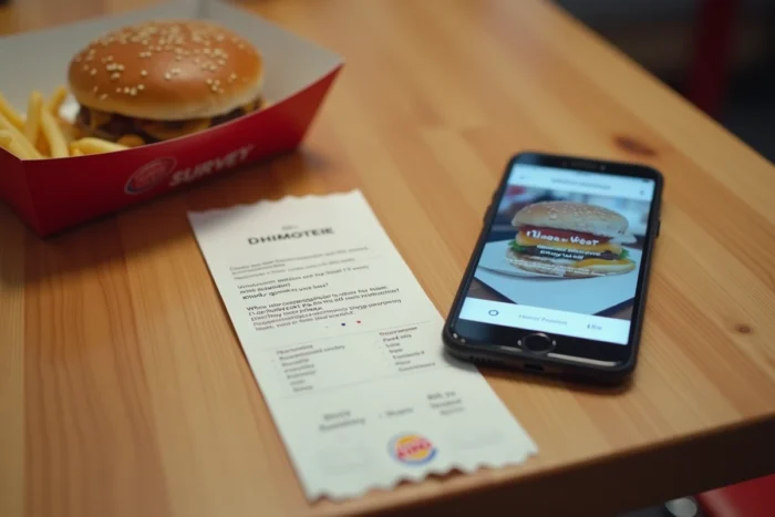 Ticket de caisse Burger King posé sur une table à côté d'un smartphone affichant le formulaire d'enquête en ligne