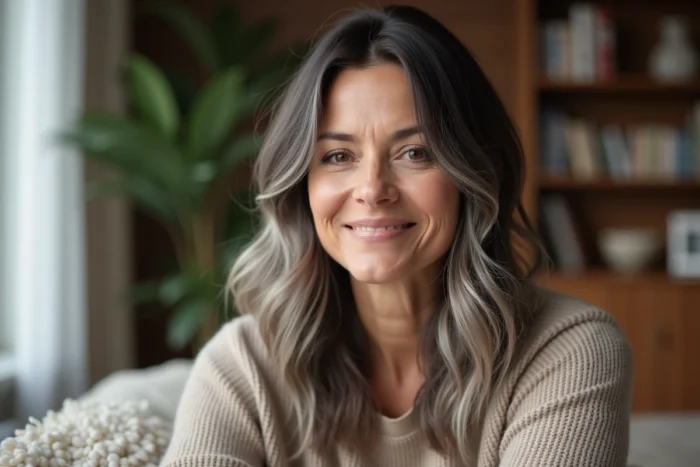 Portrait rapproché d'une femme aux cheveux bruns ondulés avec un grey blending argenté dans un intérieur cosy et élégant