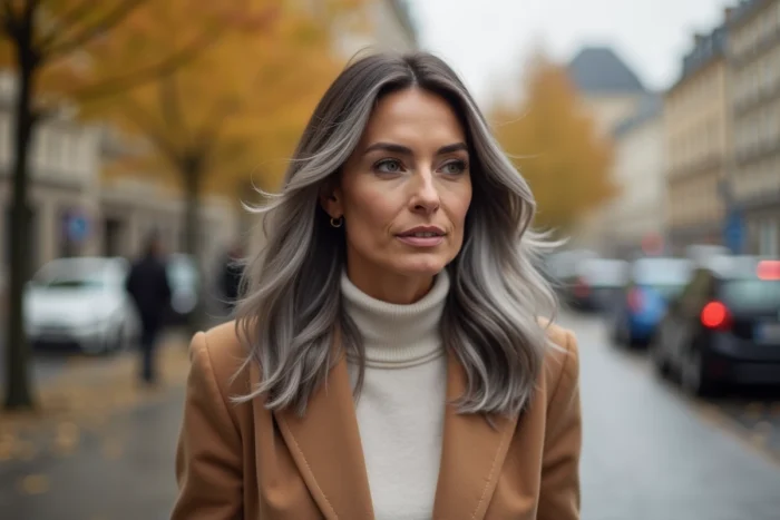 Femme aux cheveux bruns avec grey blending naturel portant un manteau camel dans une rue parisienne en automne