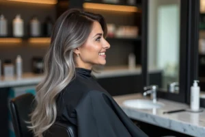 Femme brune aux cheveux mêlés de fils gris argentés assise dans un fauteuil de salon de coiffure moderne, reflet dans le miroir