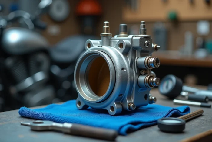 Gros plan sur un corps papillon d'injection moto démontés sur un établi avec des outils de diagnostic