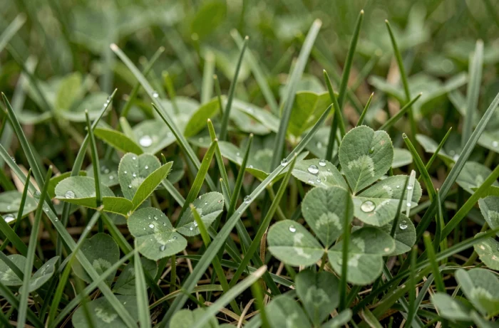 Gros plan sur des gouttelettes de traitement herbicide sélectif sur les feuilles de mauvaises herbes dans une pelouse
