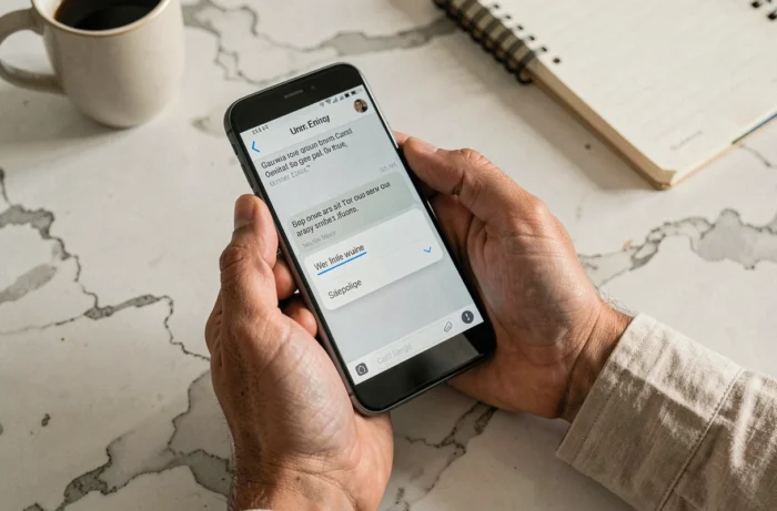 Gros plan de mains tenant un smartphone Android affichant le menu de formatage de texte avec l'option souligner dans un SMS