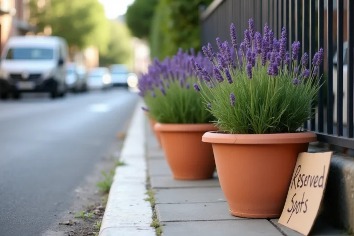 Gros plan sur des pots de fleurs en terre cuite avec pancarte posés sur un trottoir pour bloquer une place de parking en ville
