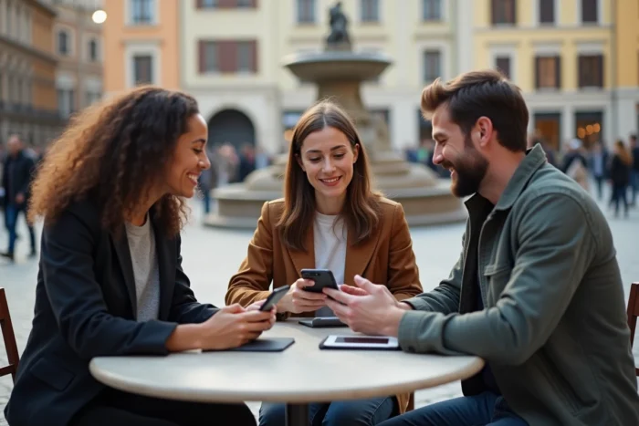Groupe de personnes discutant de l'actualité mondiale autour d'une table en plein air