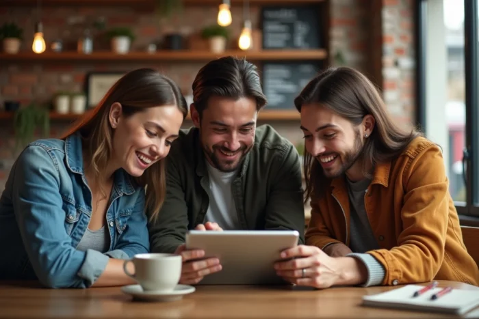Groupe de personnes discutant des avis sur Tarenoi autour d'une tablette dans un café