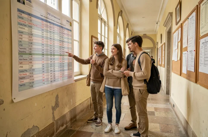 Groupe d'étudiants consultant le classement des classes préparatoires 2025 affiché dans le couloir d'un lycée français