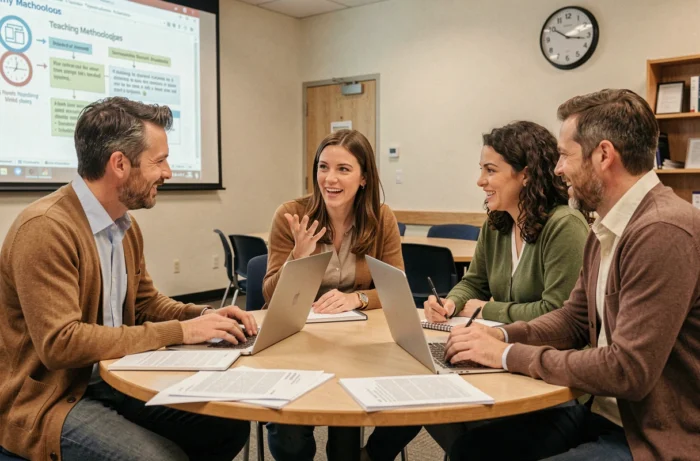 Groupe d'adultes en reconversion participant à une session de formation innovante pour intégrer le métier d'enseignant
