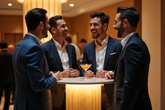 Groupe de professionnels en networking B2B lors d'une réception d'entreprise dans un hôtel haut de gamme pour développer des partenariats