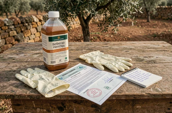 Bouteille d'herbicide agricole avec permis réglementaire portugais, gants de protection et documents administratifs sur une table en bois