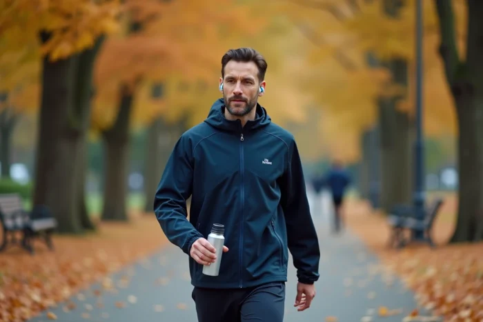 Homme actif marchant dans un parc en automne avec équipement de sport et bouteille d'eau réutilisable