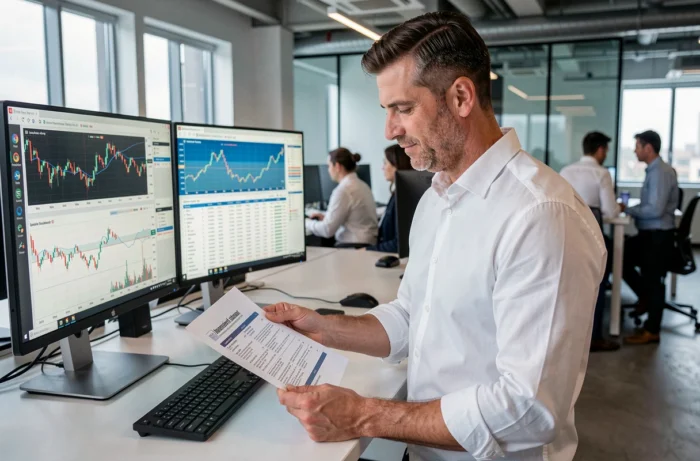 Homme d'affaires consultant un rapport d'investissement dans un bureau moderne avec des graphiques boursiers à l'écran