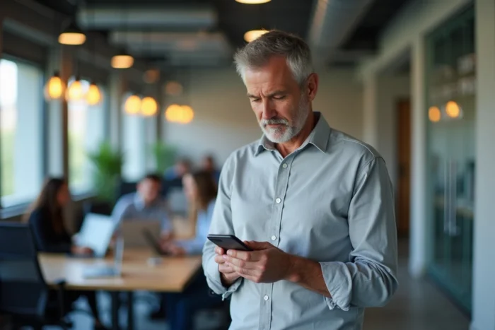 Homme lisant des avis sur Tarenoi sur son smartphone dans un espace de coworking
