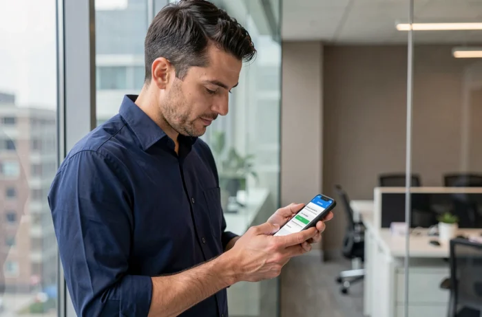 Homme en bureau utilisant son téléphone Android pour formater un SMS avec l'option souligner du texte