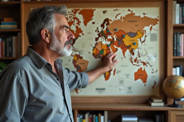 Homme analysant une carte du monde couverte de notes dans un bureau personnel
