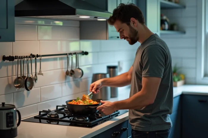 Homme cuisinant une soupe de légumes dans une cuisine moderne avec gazinière et carrelage blanc