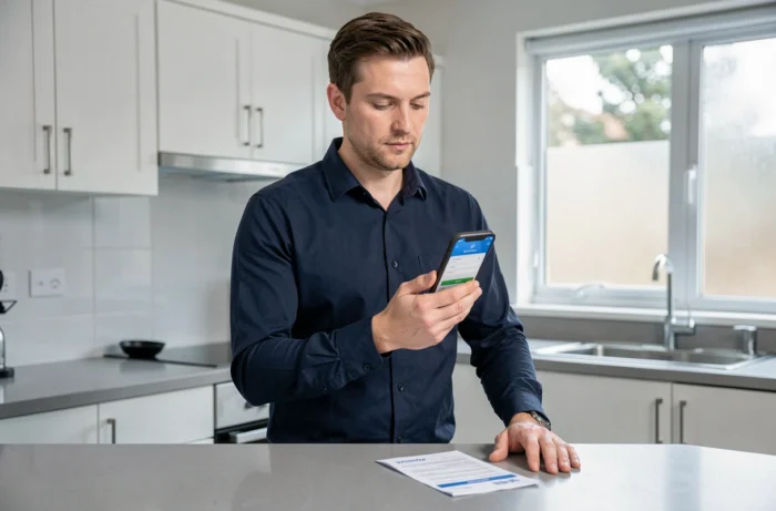 Homme cherchant son identifiant à 10 chiffres Banque Postale sur l'application mobile bancaire dans une cuisine moderne