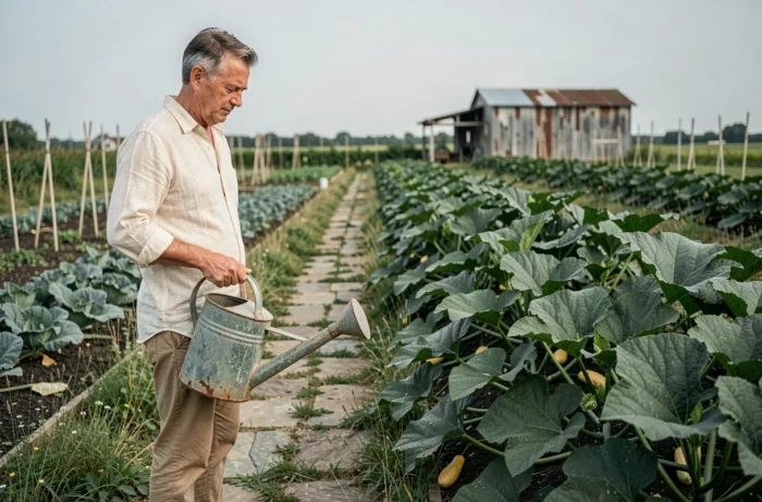 Homme inspectant les feuilles de courgettes dans un potager organisé en pleine campagne avec arrosoir en main
