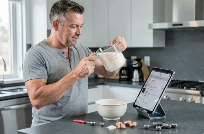 Homme lisant les graduations en millilitres sur un verre mesureur transparent pour suivre une recette de cuisine