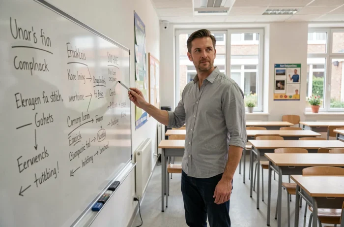 Homme en formation pédagogique préparant un cours dans une salle de classe moderne et vide avant une reconversion dans l'enseignement