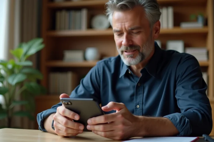 Homme d'affaires examinant un smartphone pliable innovant dans un bureau à domicile moderne