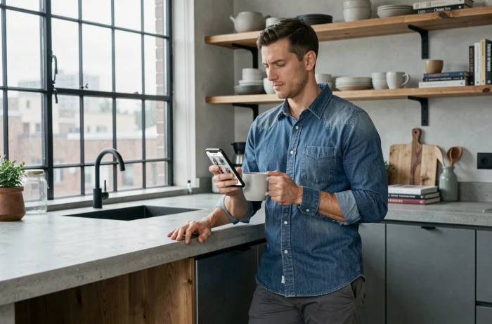 Homme consultant des tendances shopping sur smartphone dans une cuisine urbaine au design industriel