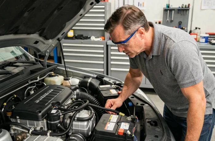 Ingénieur automobile inspectant un groupe motopropulseur hybride dans un atelier technique équipé