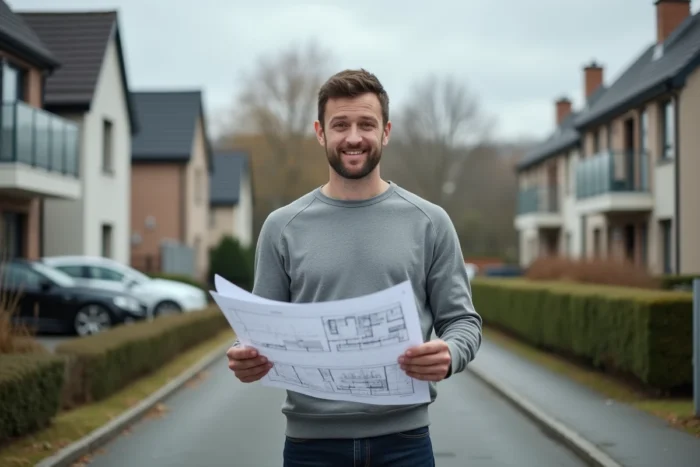 Homme inspectant des plans architecturaux devant un immeuble résidentiel neuf à vendre en banlieue