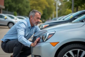 Un homme inspecte attentivement une voiture d'occasion dans un parc automobile en plein air