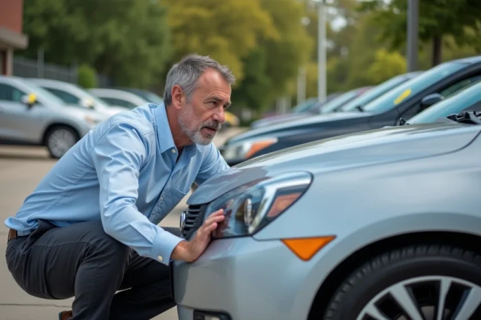 Un homme inspecte attentivement une voiture d'occasion dans un parc automobile en plein air