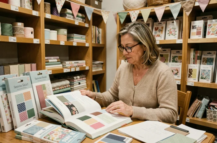 Femme consultant un journal de scrapbooking dans une boutique d'artisanat créatif entourée de kits et fournitures saisonniers