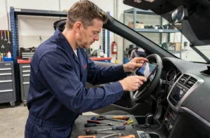 Technicien automobile installant un GPS intégré dans le tableau de bord d'une voiture dans un garage professionnel