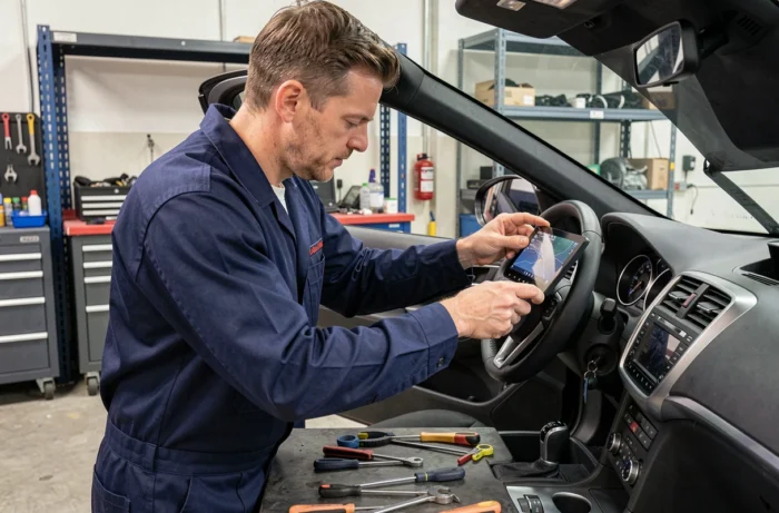 Technicien automobile installant un GPS intégré dans le tableau de bord d'une voiture dans un garage professionnel
