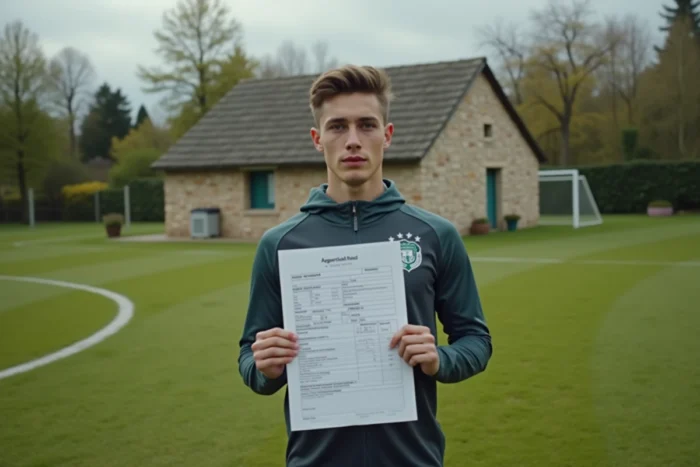 Jeune footballeur tenant son dossier de changement de club sur un terrain de football en Haute-Loire