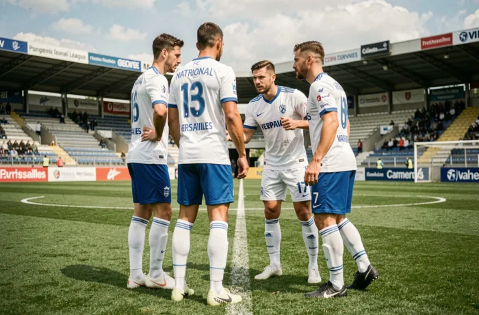 Groupe de joueurs du FC Versailles en discussion tactique avant un match de National