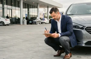 Journaliste automobile professionnel prenant des notes devant une berline moderne lors d'un événement médiatique