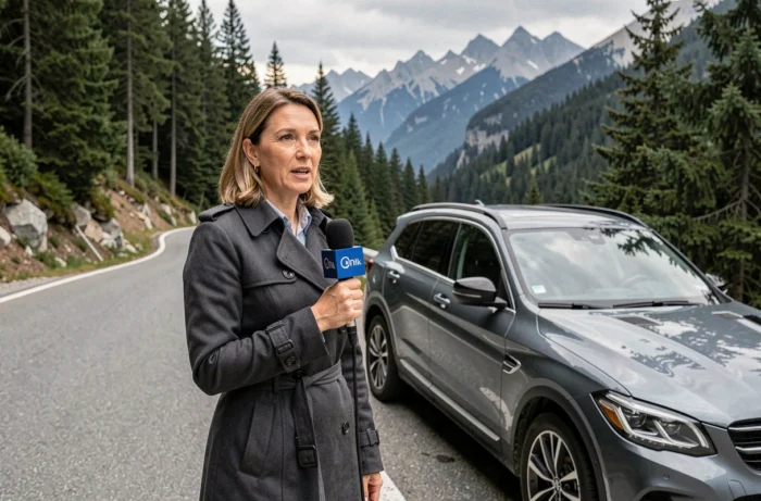Journaliste automobile féminine en train de filmer un test drive en extérieur sur une route de montagne