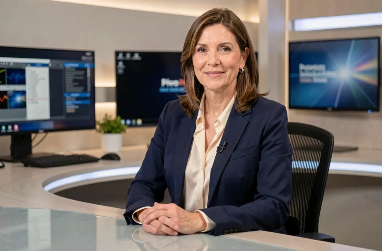 Journaliste française présentatrice de télévision assise derrière un bureau de plateau avec une tenue professionnelle élégante