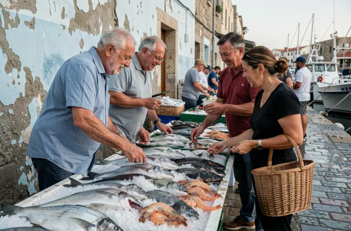 Habitants de Porto Torres choisissant du poisson frais au marché maritime de la ville sarde