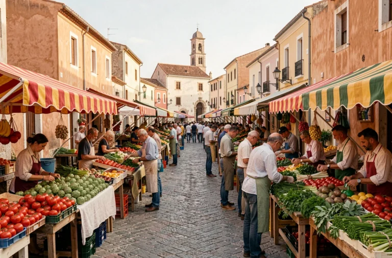 Vue panoramique du marché en plein air de Porto Torres en Sardaigne avec des étals colorés et une architecture méditerranéenne typique