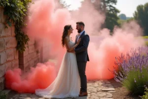 Mariés entourés de fumigènes colorés roses dans un jardin de campagne française lors de leur cérémonie de mariage