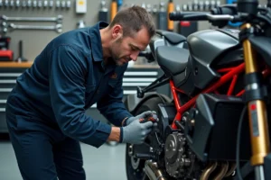 Mécanicien moto inspectant le système d'injection et le corps papillon sur un établi d'atelier professionnel