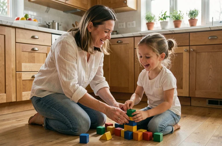 Mère et fille jouant ensemble avec des blocs de construction dans une cuisine chaleureuse au quotidien