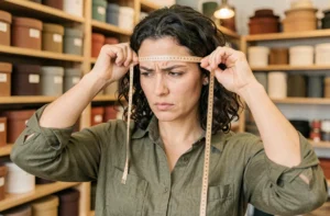 Femme mesurant son tour de tête avec un mètre ruban dans une chapellerie pour choisir la bonne taille de chapeau