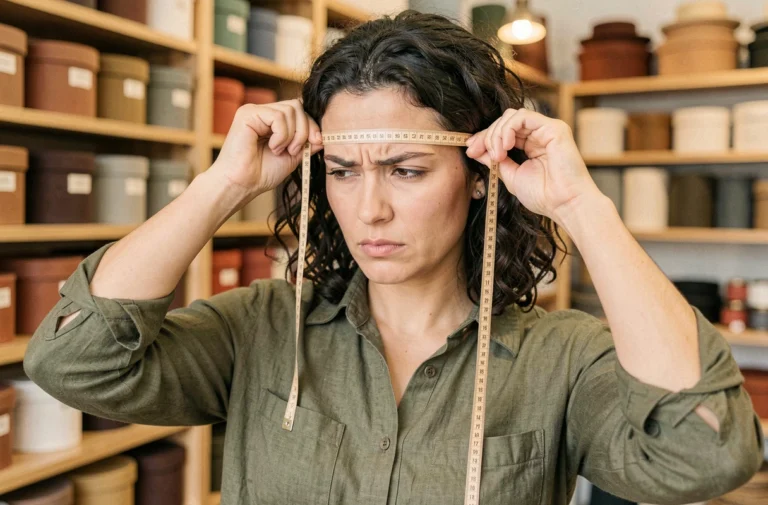 Femme mesurant son tour de tête avec un mètre ruban dans une chapellerie pour choisir la bonne taille de chapeau